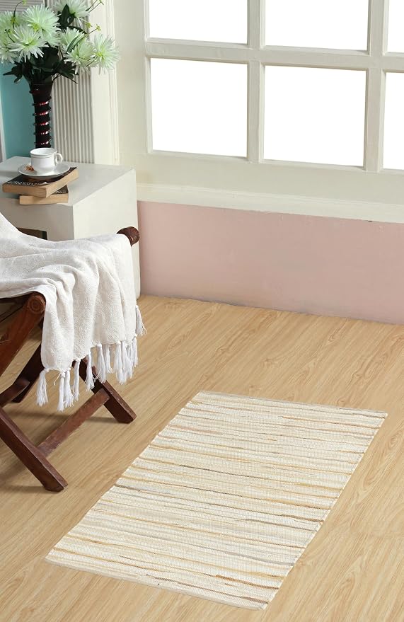 Handmade Cotton Chindi Rug Rectangular Area Rag Washable Recycled Denim Rugs for Home Décor, Living Room and Bedroom (Beige, 2X3 Feet)