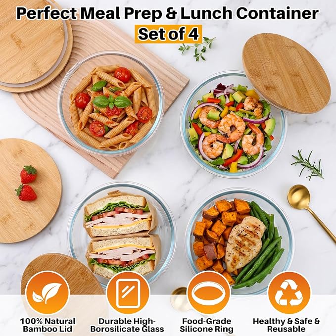 Blushtier 4 Pack 44 oz Borosilicate Glass Food Containers with Bamboo Lids, Stackable Glass Bowls for Meal Prep & Lunch, Microwave, Freezer and Dishwasher Safe