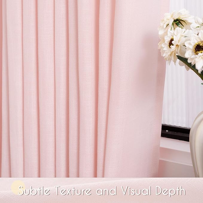 Pink Light Filtering Linen Curtains 63 Inch Length 2 Panels for Girls Bedroom Nursery Soft Drapes Semi Sheer Farmhouse Boho Texture Window Treatment Sets Drapes for Living Room