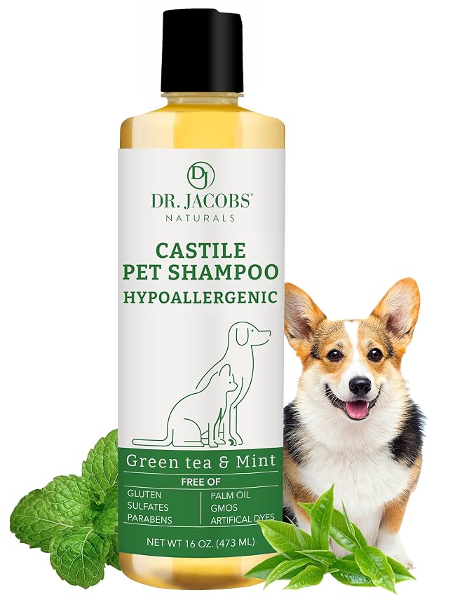 Dr. Jacobs Naturals Castile Pet Shampoo - Gentle Cat & Dog Wash w/Pure Castile Soap - Plant-Based Dog Shampoo w/Olive Oil, Coconut Oil, Shea Butter, Aloe Vera, Vitamin E - Green Tea & Mint