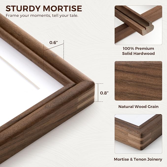 16x20 Picture Frame with Mat for 11x14, USA-Sourced Walnut Wood Handcrafted Rounded Corner with HD Tempered Glass, 16 x 20 Gallery Wall Frames for Posters & Art Prints, Vertically or Horizontally