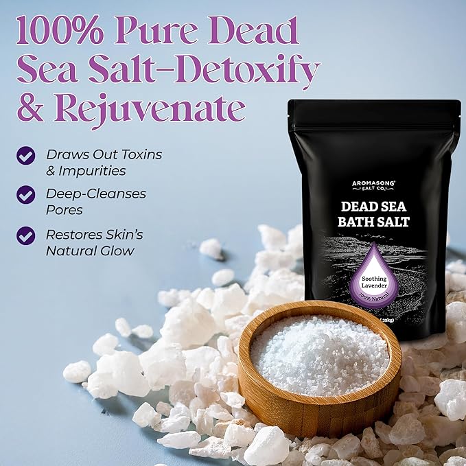Aromasong Pure Dead Sea Salt for Soaking with 100% Natural Lavender, 14 Oz. - Spa Bath Salt Fine Grain - Body Wash Scrub - Soak for Women & Men- Resealable Pack