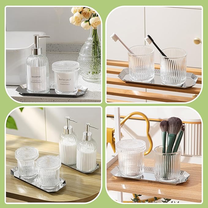 Yaomiao 7 Pack Clear Glass Bathroom Accessories Set, 2 Pcs Cotton Swabs Jar with Lids, 2 Pcs 18 oz Soap Dispenser with Pump and 2 Trays and Labels for Bathroom Kitchen Counter Organizer Vintage Gift