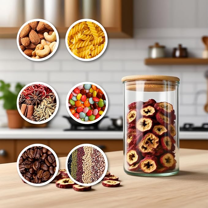 Glass Food Storage Containers with Lids - Round Jars with Bamboo Lids - Airtight Clear Coffee Storage Jar - Stackable Glass Kitchen Canisters for Tea,Sugar,Cereal,Flour,Sweet
