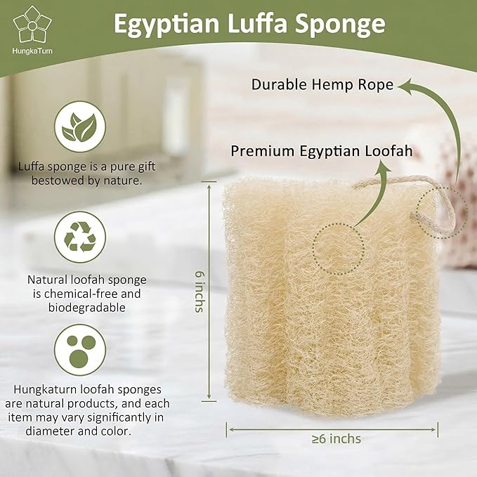 2 Pack HungkaTurn Natural Egyptian Loofah Body Scrubber, 100% Organic Luffa Exfoliating Sponge for Men&Women, Gentle Skin Cleansing Shower Scrubber for Radiant Smooth Skin, Large Spa-Grade Body Loofa.