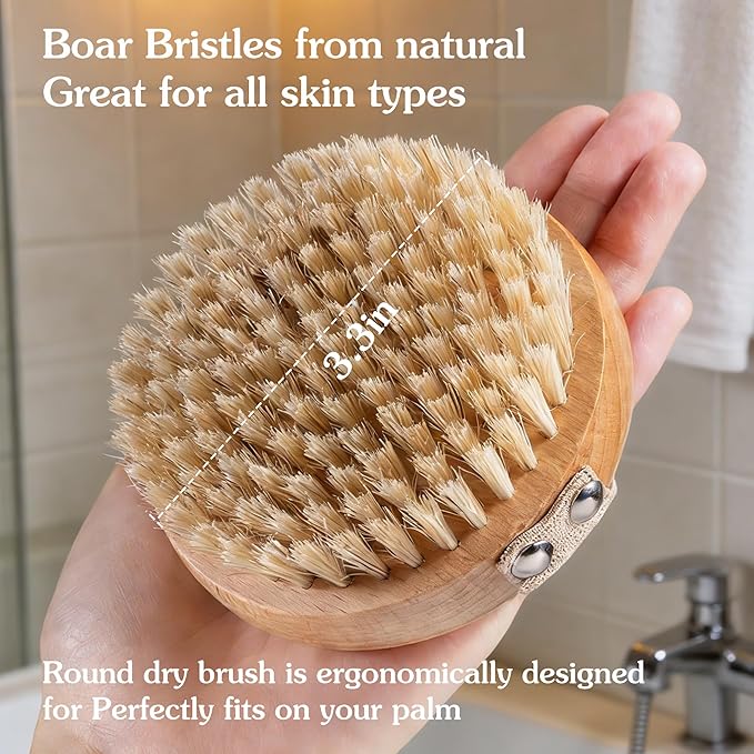 Round Dry Brushing Body Brush with Natural Boar Bristles for Cellulite Remover, Helps Lymphatic Drainage, Improve Circulation Exfoliation for Soft Skin, Body Scrub Deep Cleanse