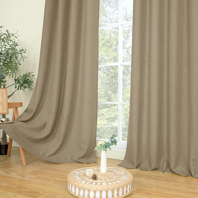 LAMIT Natural Linen Thermal Curtains for Living Room, Grommet Thick Light Reducing Curtains Window Burlap Light Filtering Panels for Bedroom/Farmhouse, Set of 2 Panels, W52 x L108, Tan Brown