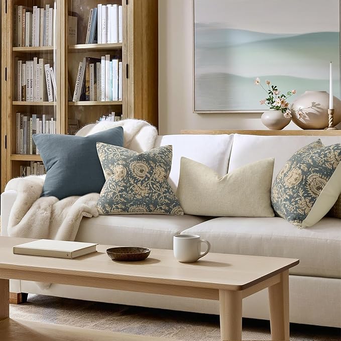 Vintage Floral Print Throw Pillow Covers 22x22 Set of 2 Neutral Modern Farmhouse Accent Decorative Cushion Covers Boho Home Decor for Couch Sofa Chair Bed Living Room, Dusty Blue
