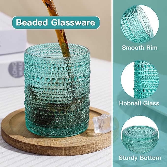 JOVGANK Mint Green Vintage Hobnail Drinking Glasses Set of 6, Embossed Water Tumbler 12oz, Kitchen & Bar Beaded Glass Cups, Beverage Glass Cups for Water, Beer, Juice, Housewarming