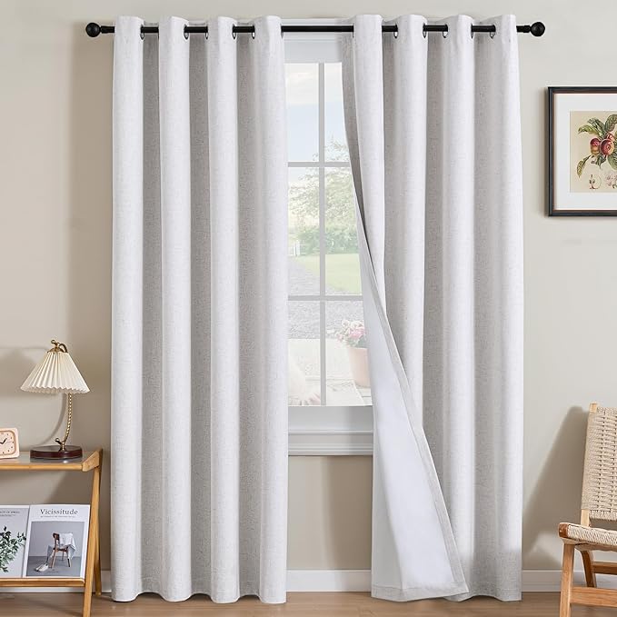 H.VERSAILTEX Linen Curtains 100% Blackout Curtains for Bedroom 90 inch Long Full Light Blocking Nature Linen Blended Window Curtains for Living Room Nickel Grommet (2 Panels, Heathered White)