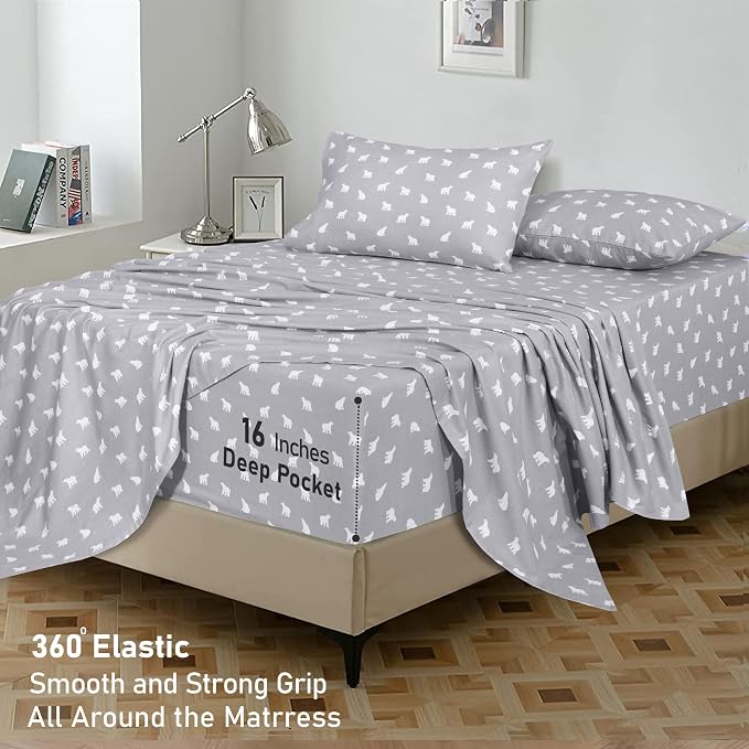 RUVANTI Flannel Sheets Queen Size - GOTS Certified 100% Organic Cotton, 4 Piece Warm, Soft & Breathable Set, Deep Pocket Snug Fit, Double Brushed Cozy All Season Bedding, Baby Bear