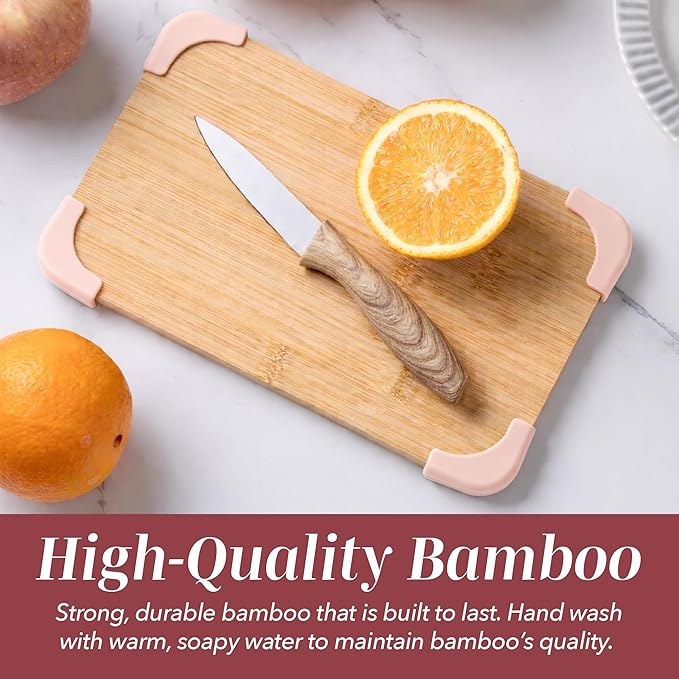 COOK WITH COLOR Non-Slip Cutting Board Set – Kitchen Essentials with Easy Grip Handle for Meat, Veggies, and Fruits, 3 Cutting Boards, Bamboo Non-Slip Rose
