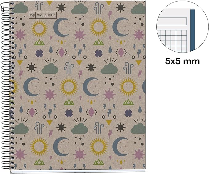 Miquelrius - Recycled A5 Notebook - 80 Sheets 80 g - Squared 5 x 5 mm - 1 Coloured Strip - Recycled Cardboard Cover - Eco Lunas Design