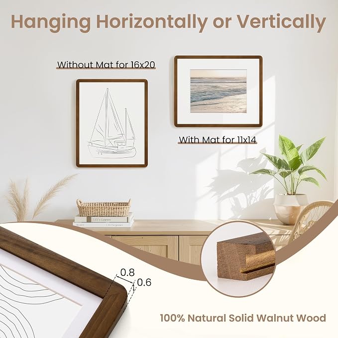 Fun Memories 16x20 Picture Frame - Solid Walnut Wood Poster Frame, Handcrafted Rounded Corner 16 x 20 Wooden Frames Matted to 11x14 Photos, Horizontal or Vertical Wall Mounting, Natural Walnut