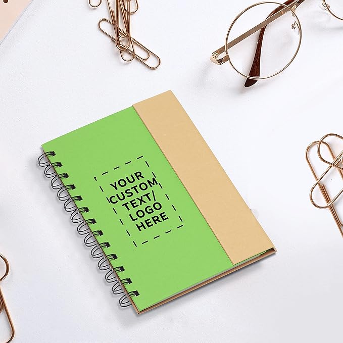 DISCOUNT PROMOS Custom Eco Friendly Spiral Notebooks with Pens Set of 10/50/100, Personalized Bulk Pack - Perfect for School, Office, Home - Green