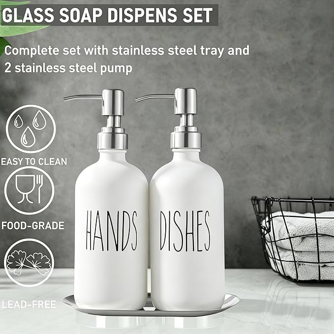 White Soap Dispenser Set, Glass Soap Dispenser with Stainless Steel Pump & Tray, Farmhouse Hand Soap Dispenser & Dish Soap Dispenser for Bathroom Kitchen Sink(2 White)