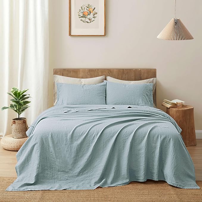 ATLINIA 100% Pure Flax Linen Bedding Set - Stone Washed French Linen Fabric Deep Pocket Fitted Sheet Farmhouse Flat Sheet 2 Pillowcases (Dusty Blue, Queen)