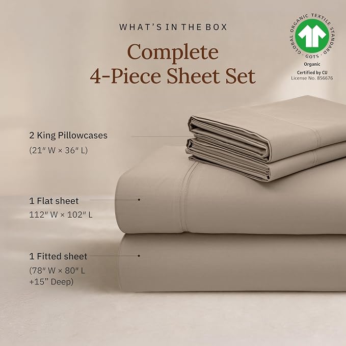 California Design Den King Sheets Deep Pocket Set - 100% Organic Cotton King Sheet Set, Soft and Lightweight Sateen, Deep Pockets, Durable Bedding - Warm Taupe