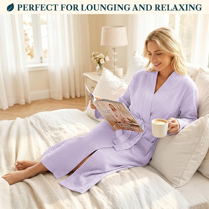 PAVILIA Womens Waffle Knit Robe Lightweight Cotton Blend Full Length House Bathrobe with Pockets