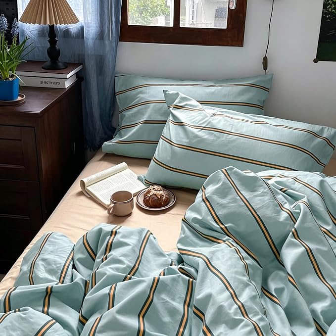 mixinni Retro Mint Blue Striped Duvet Cover Set - 100% Natural Cotton 3-Piece Vintage Stripes Pattern Printed Bedding Set, Soft Breathable Comforter Cover with Zipper & Ties, Twin XL Size