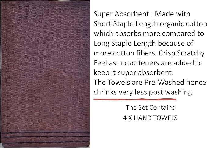 WAFFLE HAND TOWELS PACK OF 4, 20X29 INCHES, 100% NATURAL ORGANIC COTTON GOTS CERTIFIED (BURGUNDY) SUPER ABSORBANT & QUICK DRY, NO SOFTENERS, ENVIRONMENT FRIENDLY