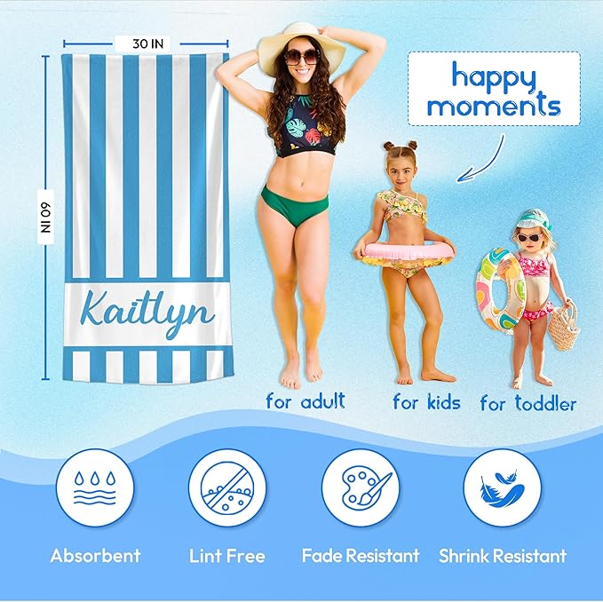 JML Personalized Beach Towel with Name, Custom Cabana Stripe Beach Towel, Customized Microfiber Pool Towel, Quick Dry & Absorbent Swim Towel for Adult,Mother's Day, Birthday, Summer Holiday,Vacation