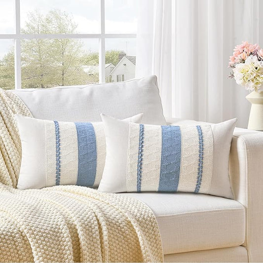 Fancy Homi Set of 2 Boho Light Blue Long Lumbar Decorative Throw Pillow Cover 14x24 Inch for Couch Bed Sofa Chair, Modern Organic Farmhouse Home Decor, Soft Cotton Cute Accent Rectangle Cushion Case