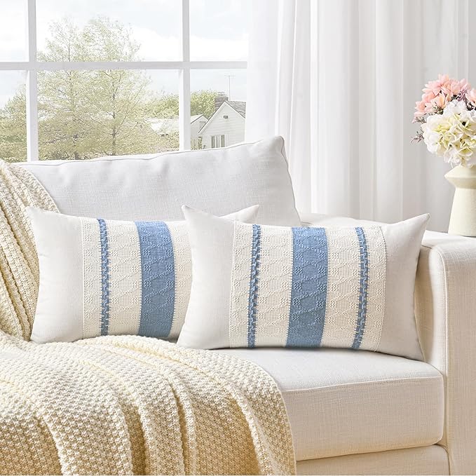Fancy Homi Set of 2 Boho Light Blue Long Lumbar Decorative Throw Pillow Cover 12x24 Inch for Couch Bed Sofa Chair, Modern Organic Farmhouse Home Decor, Soft Cotton Cute Accent Rectangle Cushion Case