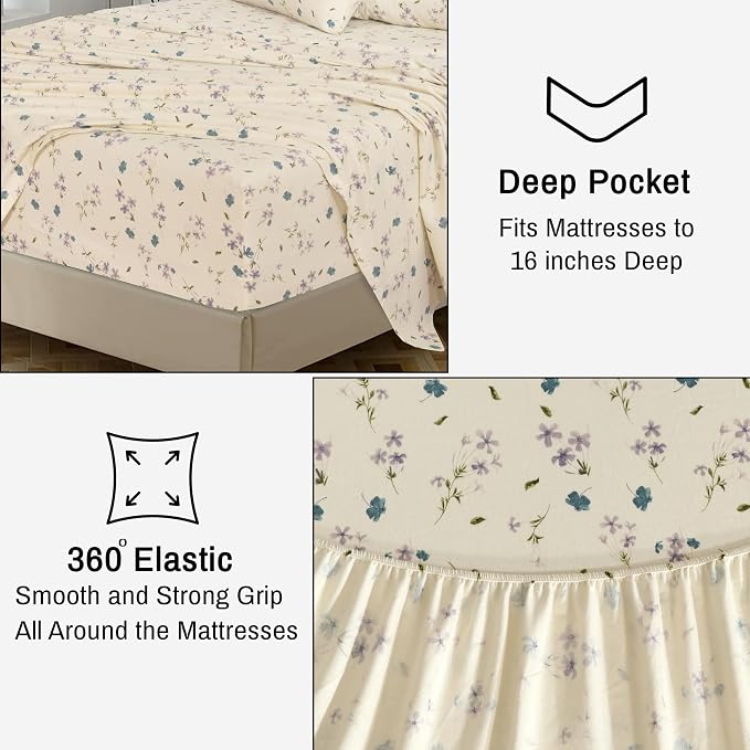 RUVANTI Flannel Sheets Queen Size - 100% Cotton Double Brushed Bed Sheets, Deep Pockets 16 Inches Queen Sheet Set, All Seasons Breathable & Extra Soft - Warm & Cozy, 4 Piece, Jasmine Stamp Cream