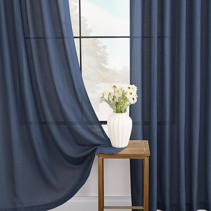 Navy Blue Curtains 45 inch Length for Bedroom Back Tab Light Filtering Semi Sheer Blue Living Room Curtains Linen Cotton Textured Indigo Blue Drapery Panel Modern Farmhouse Aesthetic Decor Dark Blue