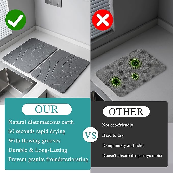 2 Pack Stone Drying Mat for Kitchen Counter,16''x12'' Quick Dish Drying Stone Mat Kitchen,Stone Dish Drying Mat,Quick-Dry Absorbent Bath & Countertop Stone Dishes Mats (Gray, 16''x12'')
