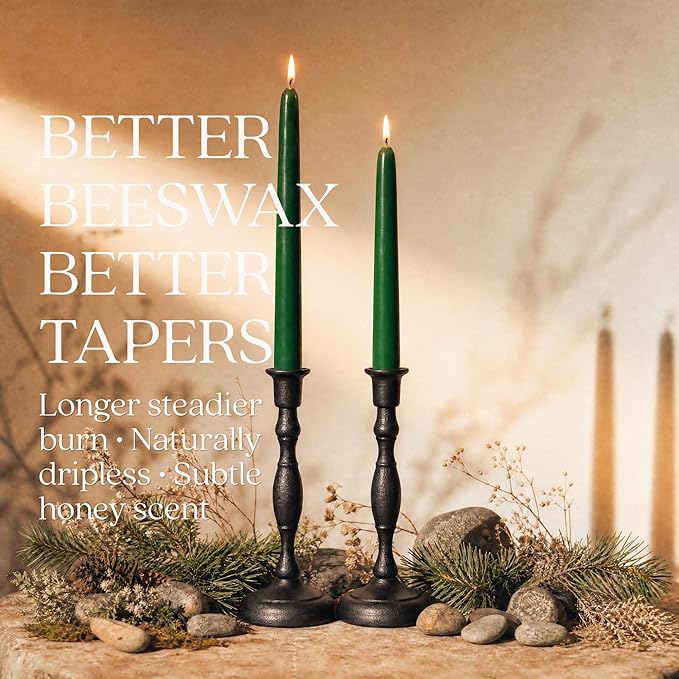 Bluecorn Beeswax Taper Candles, 100% Pure Natural Bees Wax, Pair of 12 Inch Moss Green Tapered Candlesticks, Clean Burning & Dripless, Fragrance Free, Long Lasting, Home Decor, American Made, 1 Count