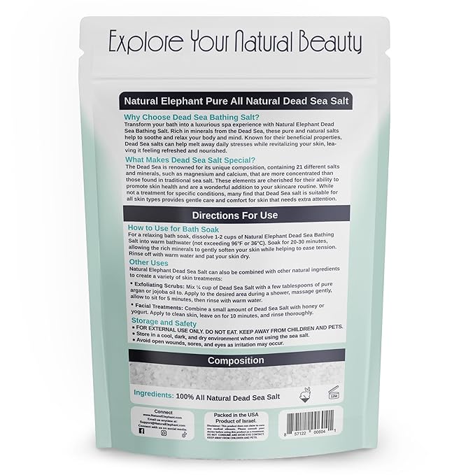 Natural Elephant Dead Sea Bath Salt | 1 Pound Bag (16oz) | 100% Natural and Pure| Coarse Grain | Ideal for Baths and Soaks
