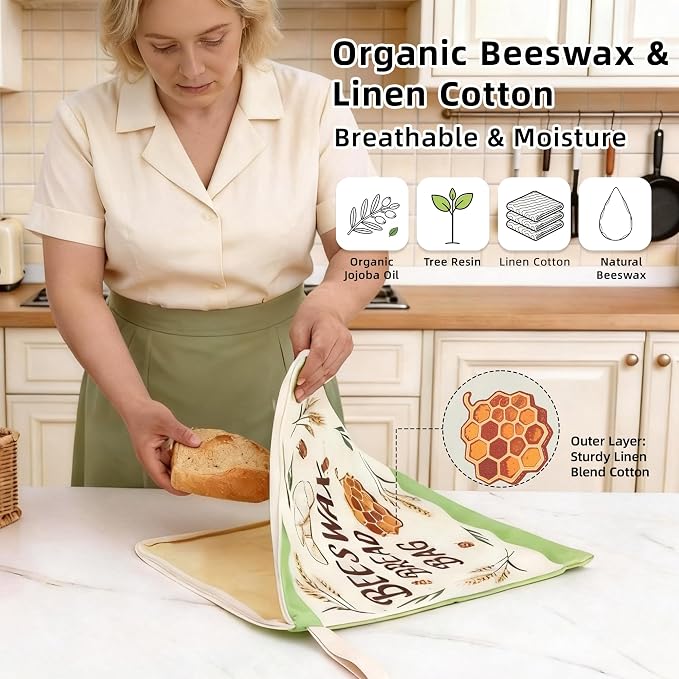 L-Shaped Zipper Beeswax Sourdough Reusable Bread Bags for Homemade, 17×13" | 2 Pack, XL, Organic Linen Cotton Loaves Storage Cloth Bags, Keep Fresh Longer & Freezer Safe