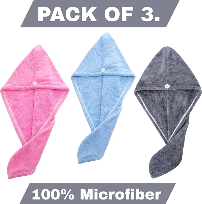 Microfiber Hair Drying Turban Towels, Pack of 3 (Blue-Pink-Grey)