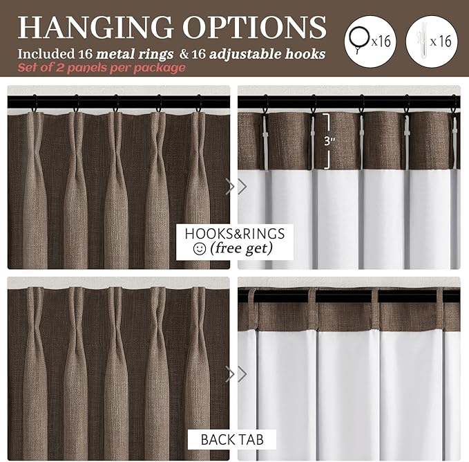 Natural Linen Dark Brown 92 Inch Curtains 2 Panels Set for Office, Blackout Memory Trained Pinch Pleated Noise Blocking Country Curtain with Hooks & Rings Kids Room 90-92 Inches Long Windows Drapes