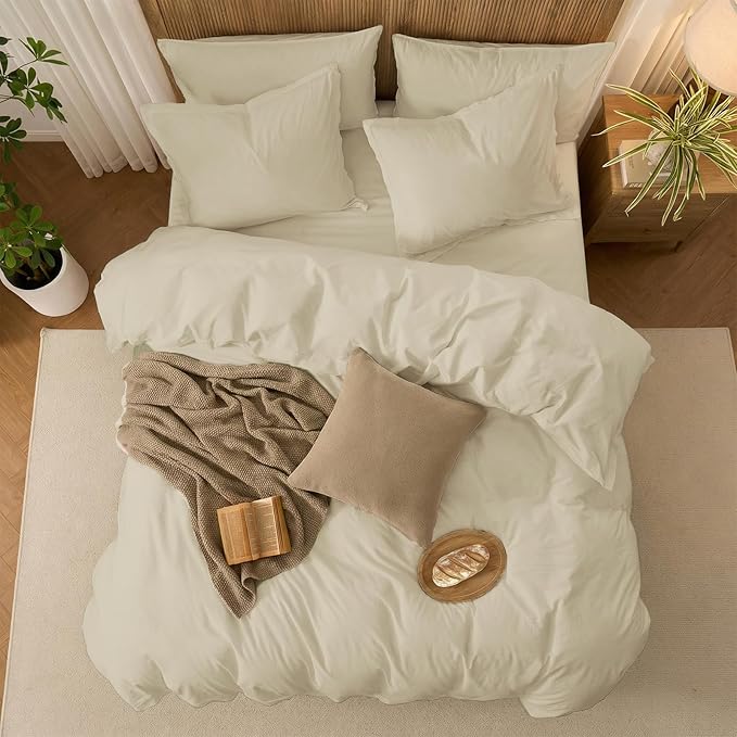 Duvet Cover Set Twin Size, 100% Washed Cotton, Light Weight Breathable Comforter Cover Linen Feel,2PCs Breathable Bedding Set for All Season, Frosted Almond 68"x90"