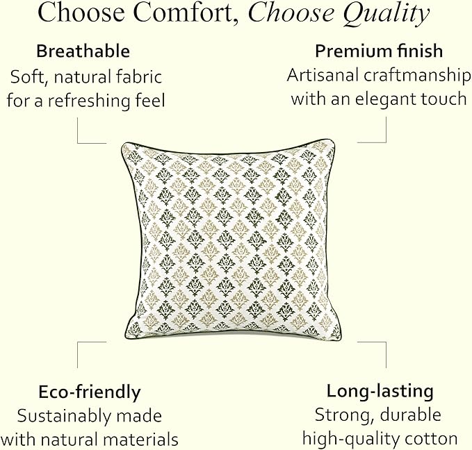 CPC Botanical Trellis Green Block Print Throw Cushion Cover 24 x 24 Inch Set 2 - Decorative Boho Floral Pillow Case for Living Room, Bed, Sofa, Couch, Home Decor Gift for Spring, Mother's Day