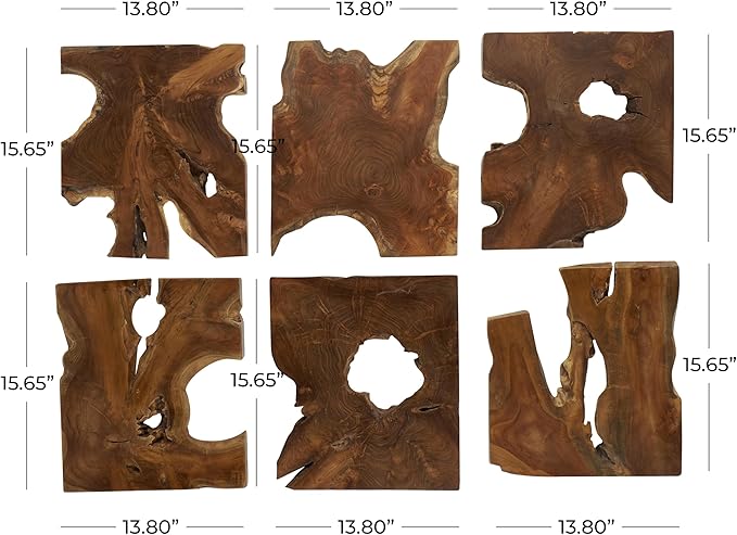 Deco 79 Teak Wood Abstract Handmade Home Wall Decor Live Edge Wood Slab Wall Sculpture, Set of 6 Wall Art 14"W, 16"H, Brown