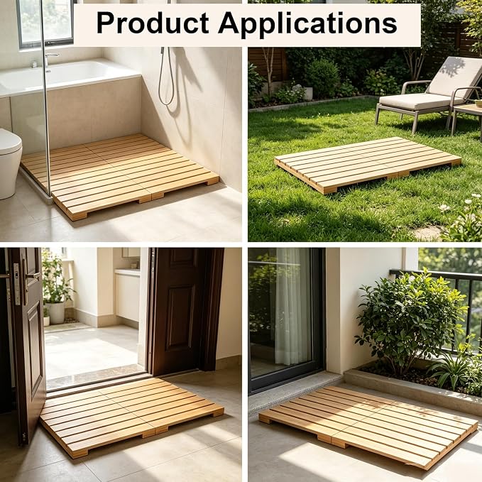 Bamboo Bath Mat for Bathroom Waterproof Foldable Shower Mat Non-Slip Quick Dry Bath Rug Heavy Duty Floor Mat for Shower Tub,Wood,L23.5''×W15.6''×H2''