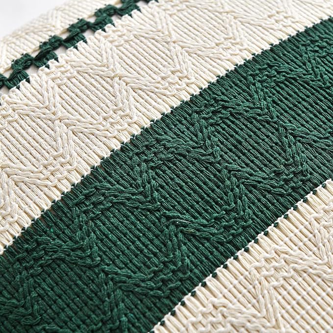 Fancy Homi Set of 2 Dark Green Boho Lumbar Decorative Throw Pillow Covers 12x20 Inch for Couch Bed Sofa Bedroom, Modern Farmhouse Vintage Forest Green Living Room Decor