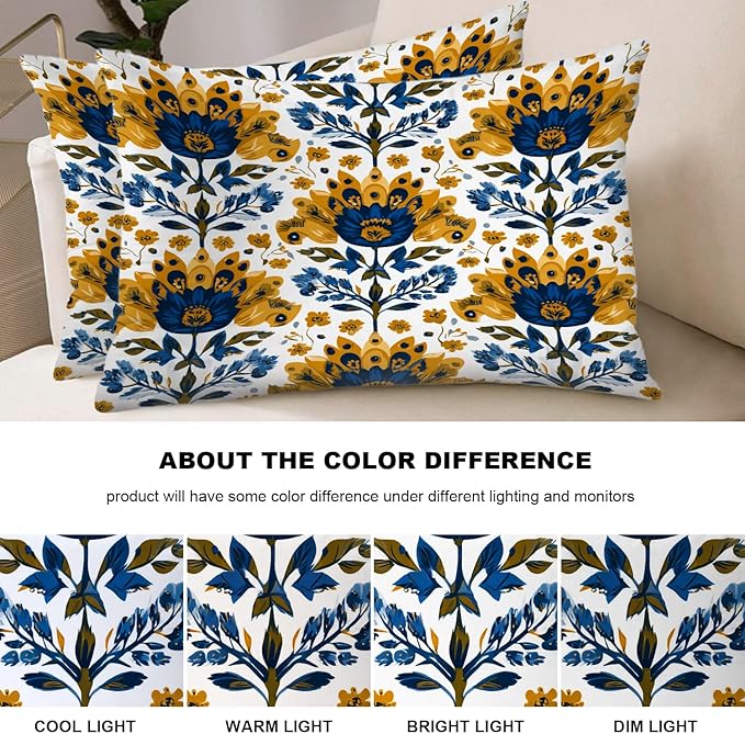 Shrahala Folk Art Floral Motifs Pillowcases, Blue Yellow Floral Pattern Lumbar Pillow Cover Decorative Blended Double-Sided No Inserts for Bedroom Sofa Living Room Set of 2 (26 x 20 in)