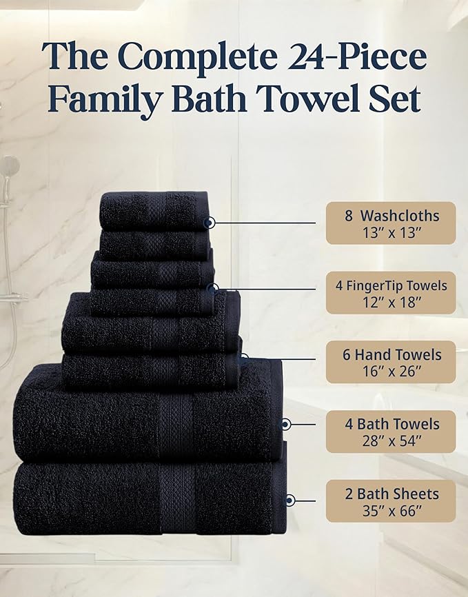 LANE LINEN Bathroom Towels Sets - 24 PCs - 100% Cotton Towels - Absorbent & Quick Drying - 4 Bath, 4 Fingertip, 6 Hand Towel, 8 Washcloth, 2 Bath Sheet - Housewarming Essentials - Black Towels
