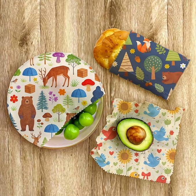 LENARKU Reusable Beeswax Wrap, 9 Pack Eco-Friendly Food Storage, Organic Cotton, Sustainable, Zero Waste, Plastic-Free, Sandwich & Snack Covers, 1XL, 3M, 5S, Forest Animals & Nature Pattern