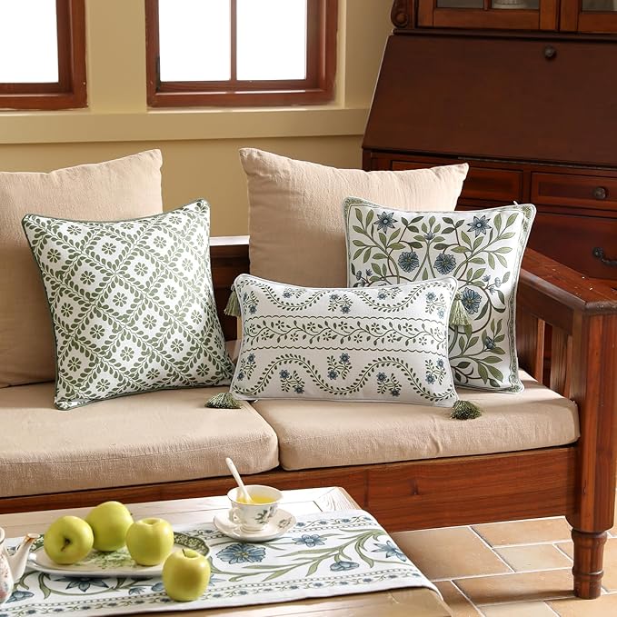 ISAENNE Design Fresh Linen Square Throw Pillow Covers 18"x18" Pack of 2, French White Cottage Cushion Covers with Green Branches Pattern Decoration Pillowcases for Bed,Living Room,Outdoor,Car