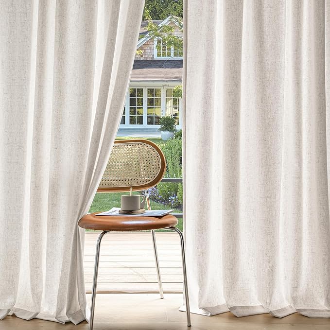MIULEE Non-See-Through Privacy Linen Curtains 2 Panels, Light Filtering Window Curtains Farnhouse Textured Back Tab Semi Sheer Drapes for Bedroom Living Room, 52 x 96 Inches Long, White