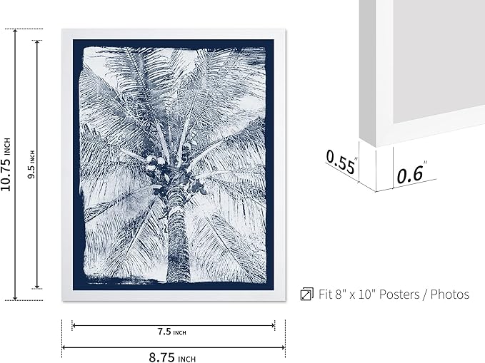 Monem Art Coastal Palm Tree Cyanotype Print - Blue and White Tropical Botanical Art Poster - Wall Decor for Beach House, Bedroom or Living Room - 8x10 White Framed Wall Art by Renee Stramel