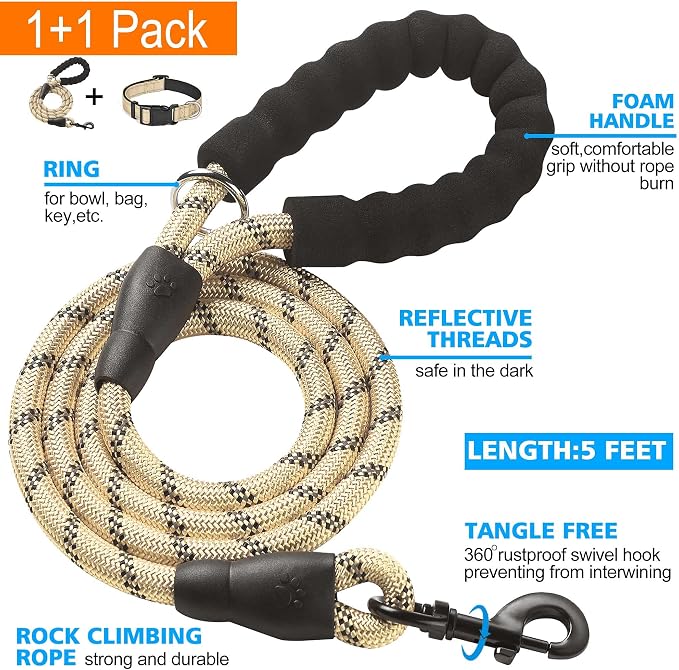 Ladoogo Reflective Dog Collar Padded with Soft Neoprene Breathable Adjustable Nylon Dog Collars for Small Medium Large Dogs (Medium (Pack of 1), Vanilla Collar+Leash)