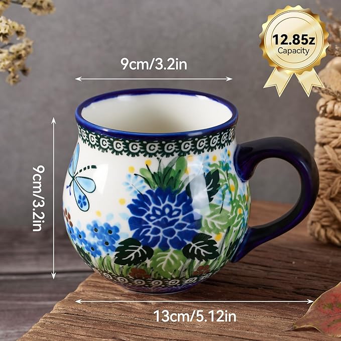 13oz Ceramic Coffee Mug, Hand-Painted Floral Polish Pottery Style Cup, Large Stoneware Tea Mug with Handle, Microwave & Dishwasher Safe (Butterfly and flower A)
