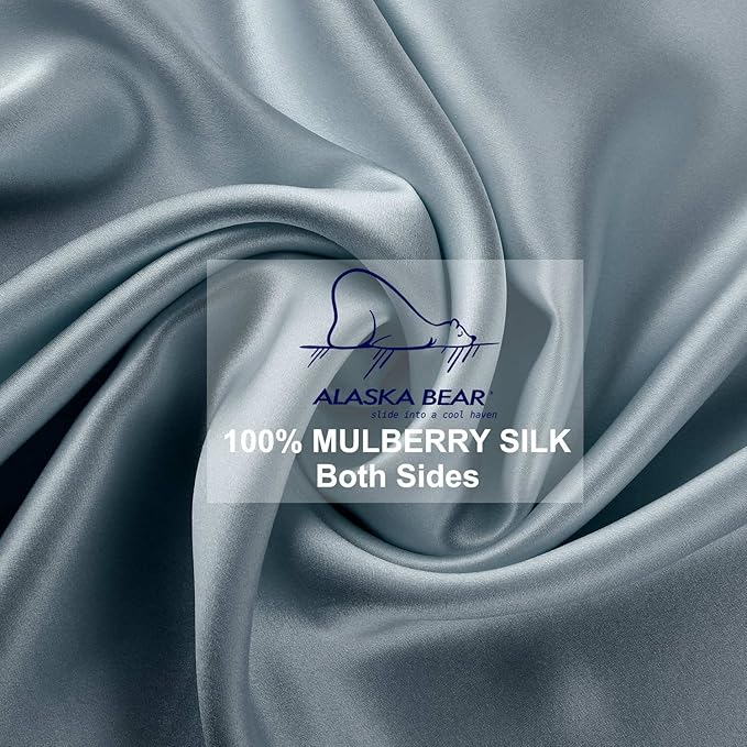 ALASKA BEAR Natural Silk Pillowcase, Hypoallergenic, 19 Momme, 600 Thread Count 100 Percent Mulberry Silk, Standard Size with Hidden Zipper(1, Haze Blue)